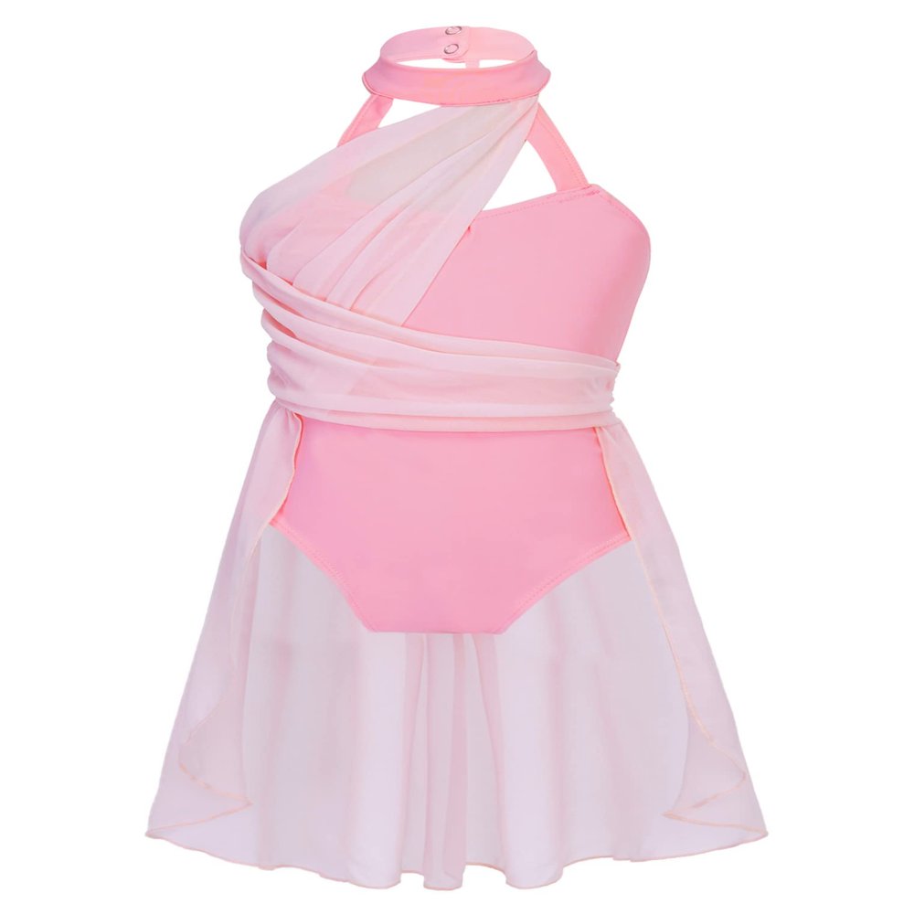 Freebily Girls Halter Neck Ballet Lyrical Dance Dress Cross Back Gymnastics Leotard Skirt Chiffon Modern Praise Dance Costume Caged Back Pink 6