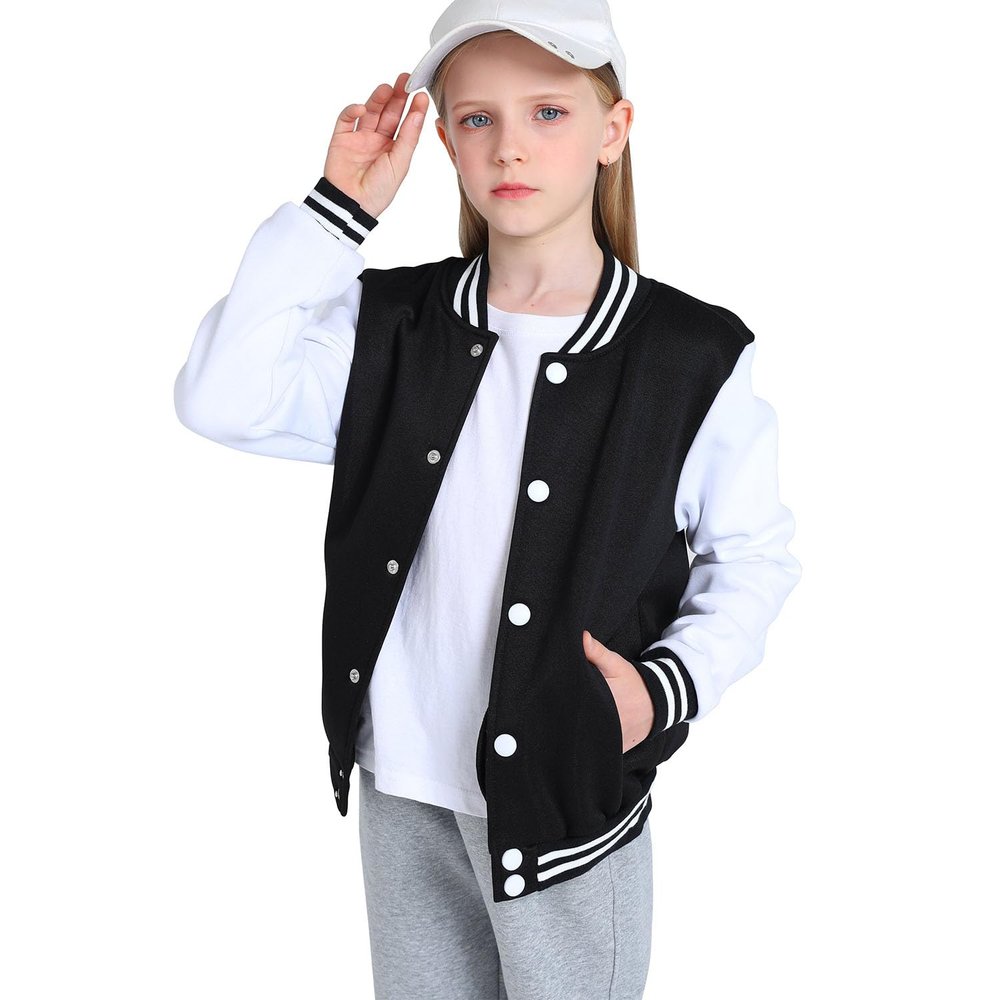 NICNZQI Kids Varsity Jacket Girls Boys Baseball Jacket Bomber Coat School Jackets with Pocket (Black,10 Years,10 Years)