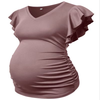 MOMOOD Stylish Maternity Pregnancy V Neck Fly Short Sleeve Stylish T Shirt Pregnant Side Ruched Top Shirt Mauve M