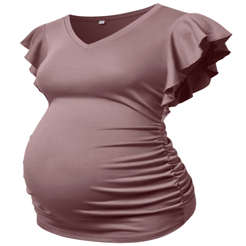 MOMOOD Stylish Maternity Pregnancy V Neck Fly Short Sleeve Stylish T Shirt Pregnant Side Ruched Top Shirt Mauve M