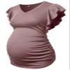 MOMOOD Stylish Maternity Pregnancy V Neck Fly Short Sleeve Stylish T Shirt Pregnant Side Ruched Top Shirt Mauve M view 1