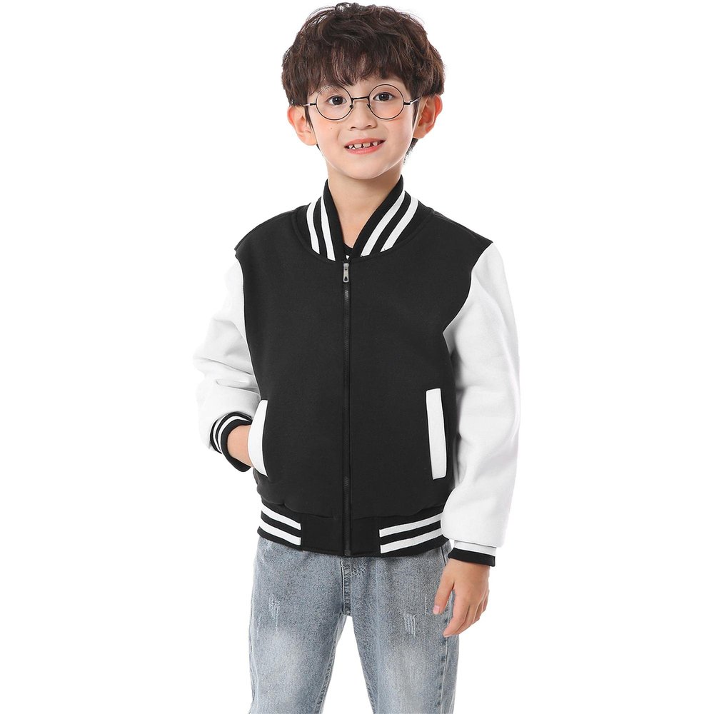 NICNZQI Kids Varsity Jacket Girls Boys Baseball Jacket Bomber Coat School Jackets with Pocket (Black-zipper,12 Years,12 Years)