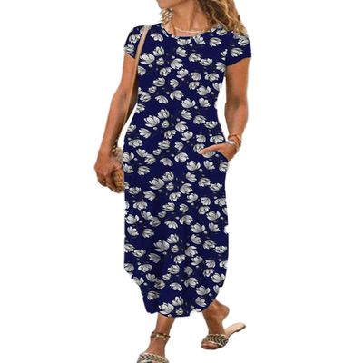 AHAIJ Women Summer Casual Maxi Dress Floral Printed Loose Pockets Short Sleeve Split Boho Dresses (G Element, X-Large)