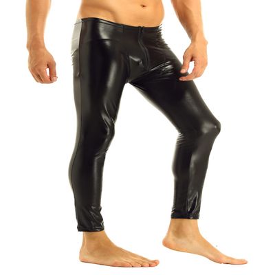 LiiYii Men's PVC Leather Tights Legging Pants Nightclub Zipper Bulge Pouch Slim Fit Stretchy Trousers Black X-Large