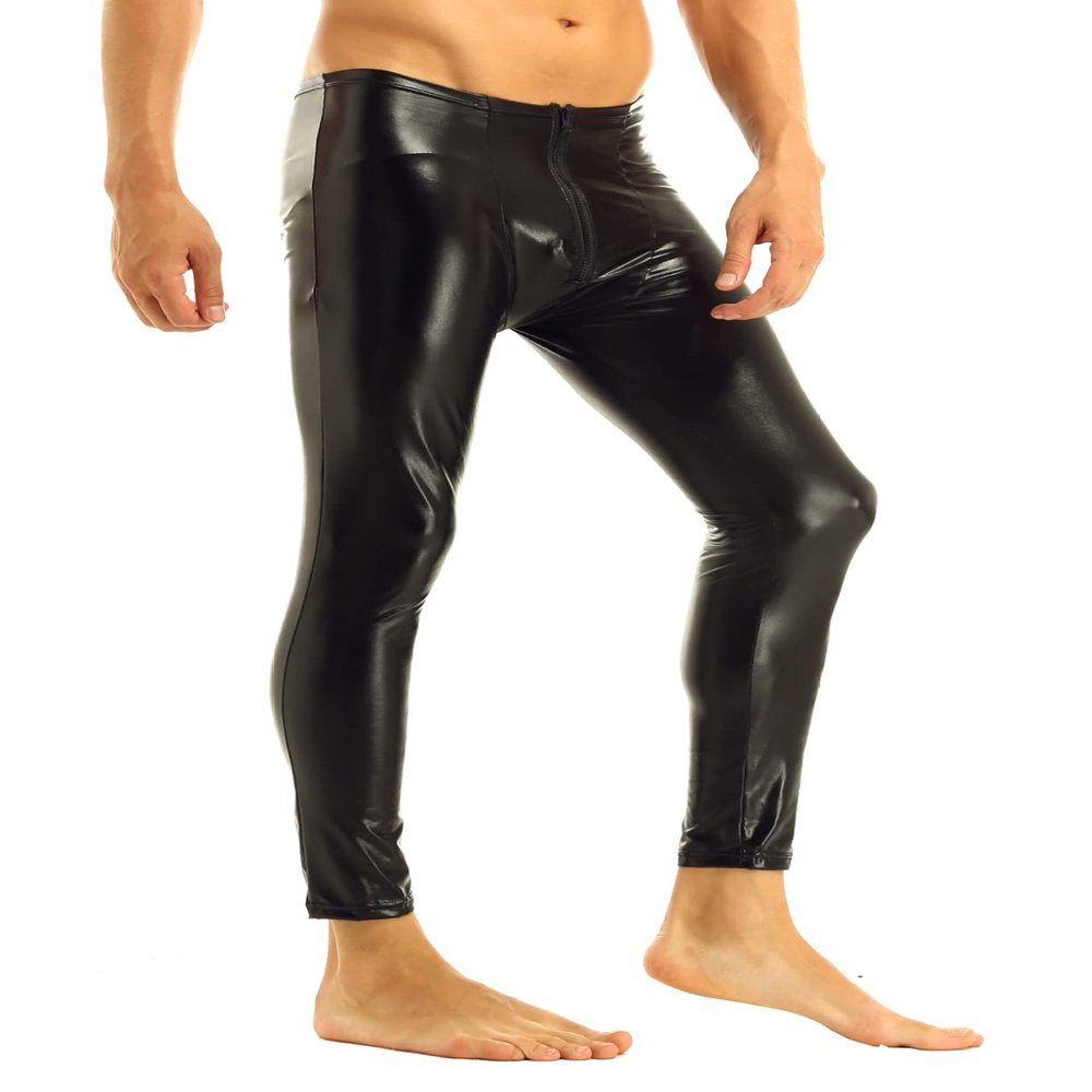 LiiYii Men's PVC Leather Tights Legging Pants Nightclub Zipper Bulge Pouch Slim Fit Stretchy Trousers Black X-Large