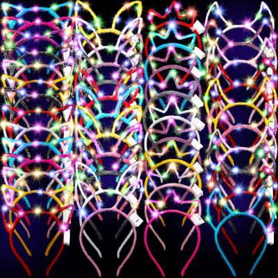 Janinka 64 Pcs Led Cat Ears Headband Bulk, Light Up Rave Hair Accessories Cute Rabbit Ear Crown, Glow in the Dark