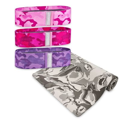 Hip/Booty Band 3-Pack - 3 Different Resistance Levels with Single 30-inch Shared Size + Gray Camouflage Lightweight and Durable Yoga/Exercise Mat (Pink, Hot Pink, Purple Camo)