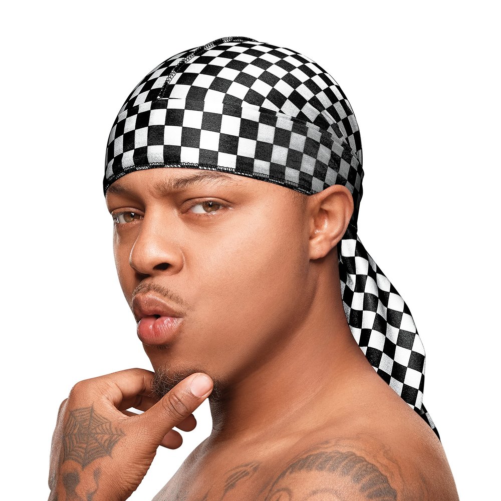 Red by Kiss Bow Wow X Power Wave Checker Silky Durag for Men Waves Silky Doo Rag (Black)
