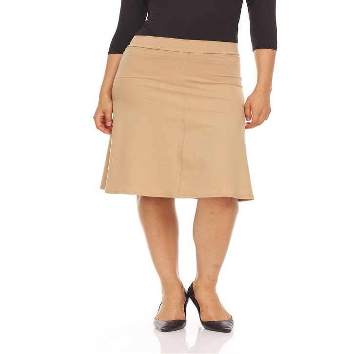 BGDK Soft Cotton A-Line Midi Skirt for Women Knee Length Skirt with Middle Seam Elastic Waist- 95% Cotton Fit and Flare Skirt- High Waist Flowy Skirt for Work, Office, Business, Church Stone