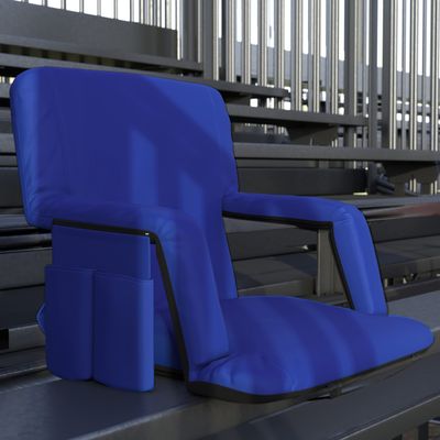EMMA + OLIVER Folding Stadium Chair with Armrests - Blue Padded Back & Seat - 6 Recline Positions - Backpack Straps - Lightweight Metal Frame - Storage Pockets