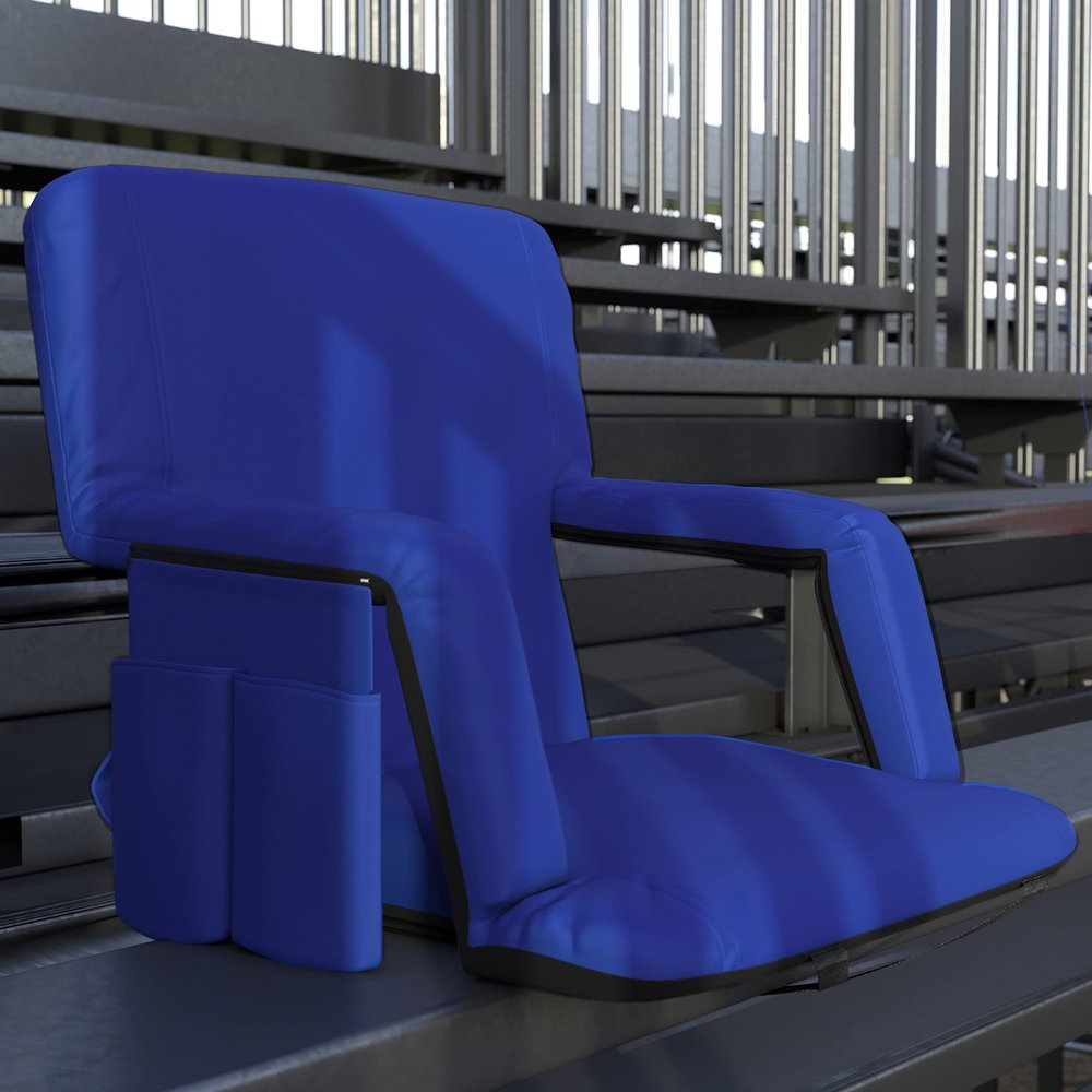 EMMA + OLIVER Folding Stadium Chair with Armrests - Blue Padded Back & Seat - 6 Recline Positions - Backpack Straps - Lightweight Metal Frame - Storage Pockets