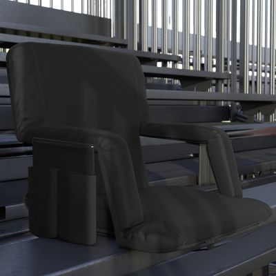 EMMA + OLIVER Folding Stadium Chair with Armrests - Black Padded Back & Seat - 6 Recline Positions - Backpack Straps - Lightweight Metal Frame - Storage Pockets