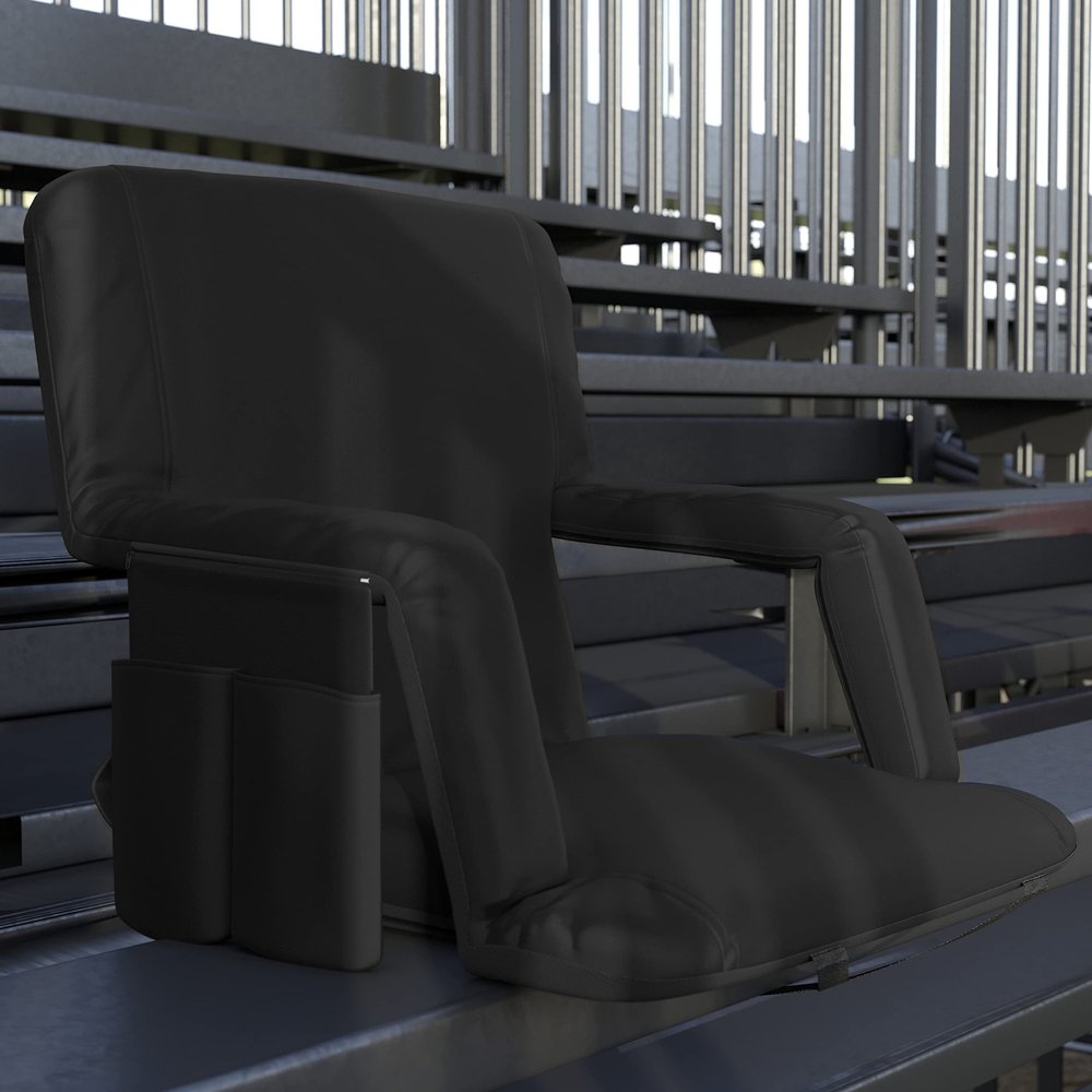 EMMA + OLIVER Folding Stadium Chair with Armrests - Black Padded Back & Seat - 6 Recline Positions - Backpack Straps - Lightweight Metal Frame - Storage Pockets