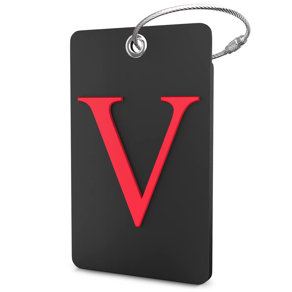 Shacke Luggage Tag Initial - Fully Bendable Tag w/Stainless Steel Loop - Black (Letter V)