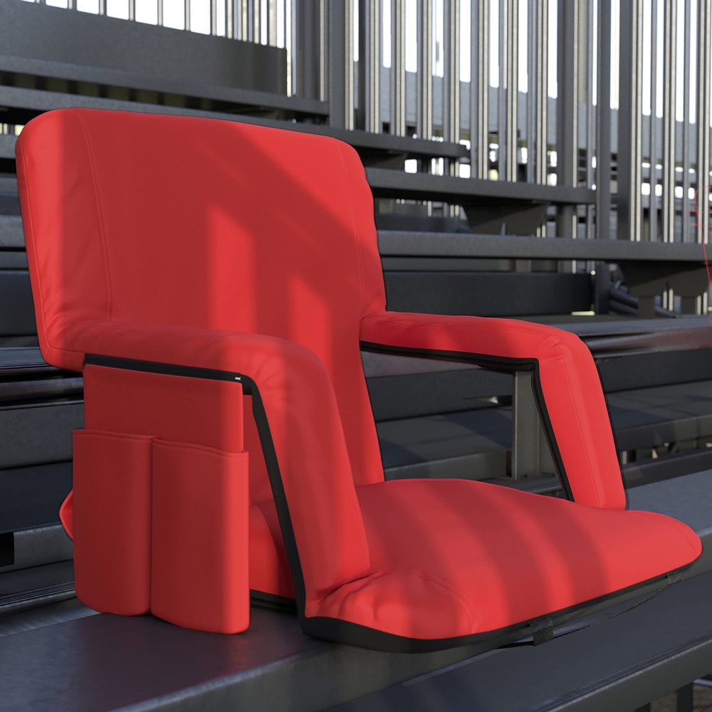 EMMA + OLIVER Folding Stadium Chair with Armrests - Red Padded Back & Seat - 6 Recline Positions - Backpack Straps - Lightweight Metal Frame - Storage Pockets
