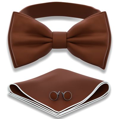 Adam Young Men's Twill Brown Bow Tie with Handkerchief & Cufflinks Pre-Tied Style Formal Coffee Satin Classic Bowtie for Tuxedo Faux Silk (Large, Brown)