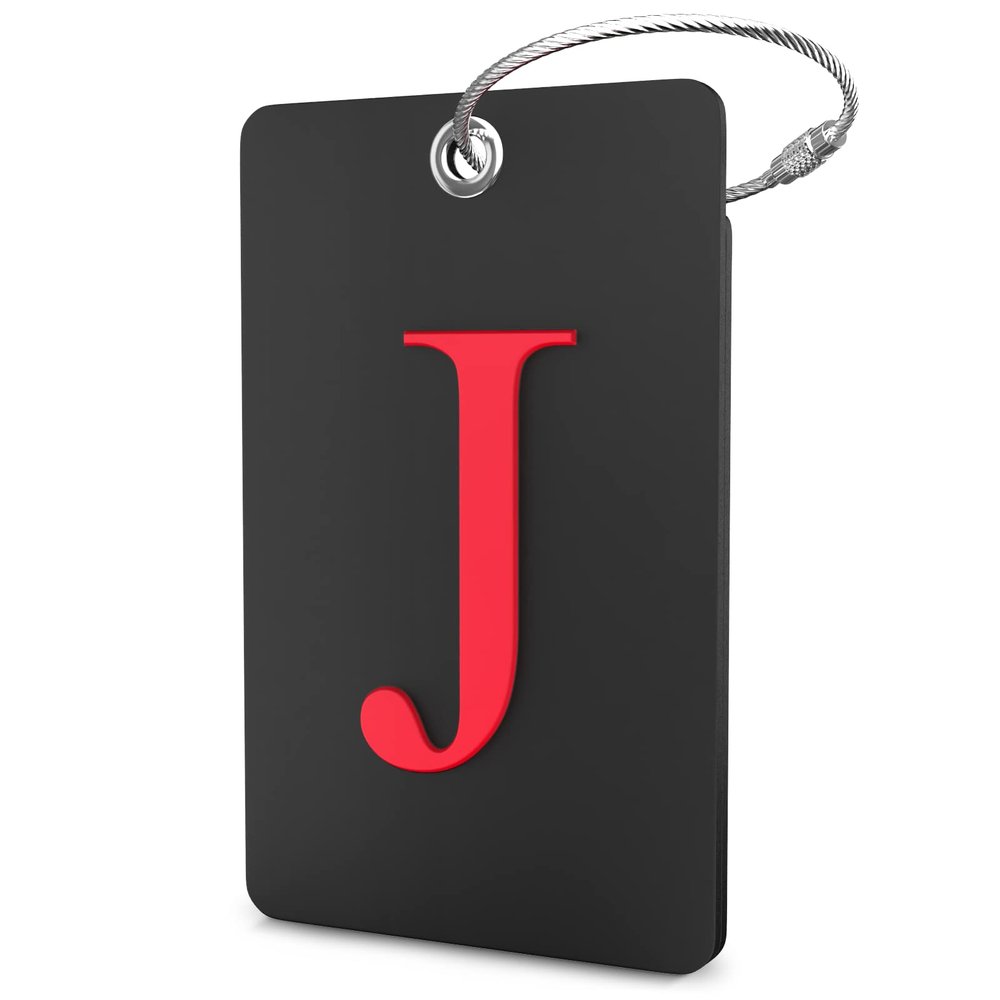 Shacke Luggage Tag Initial - Fully Bendable Tag w/Stainless Steel Loop - Black (Letter J)