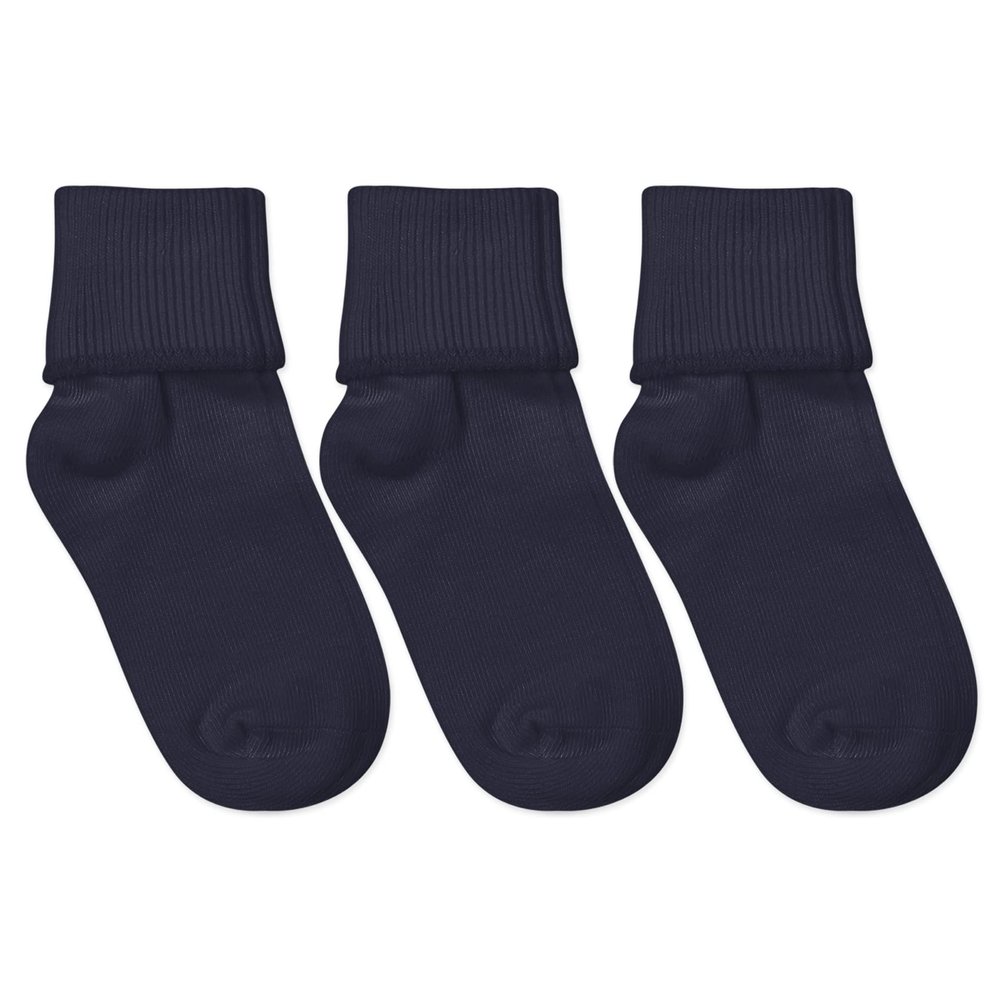Jefferies Socks Girl's Boy's Seamless Cotton Turn Cuff Socks 3 Pair Pack, Navy, X-Large