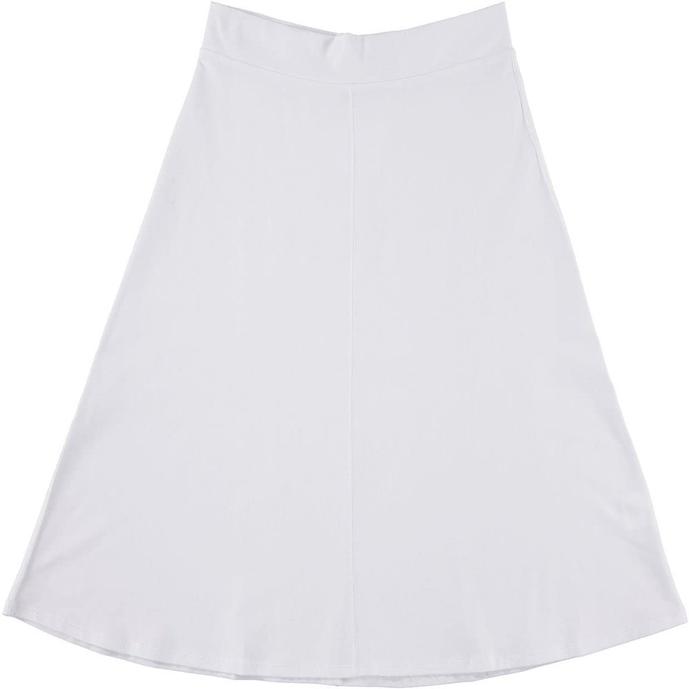 BGDK Soft Cotton A-Line Midi Skirt for Women Knee Length Skirt with Middle Seam Elastic Waist- 95% Cotton Fit and Flare Skirt- High Waist Flowy Skirt for Work, Office, Business, Church White