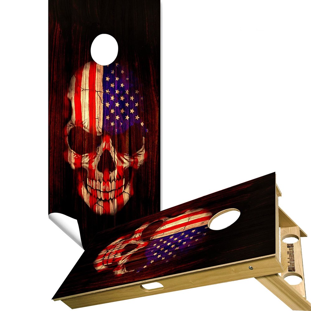 Beerpongtoss Cornhole Board Wraps, Cornhole Decals and Wraps for Boards (Set of 2), Cornhole Skins for Boards, Cornhole Board Covers (Wood American Skull)