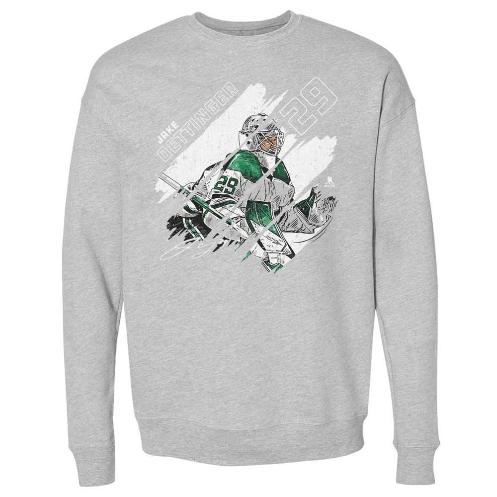 500 LEVEL Jake Oettinger Sweatshirt (Crew Sweatshirt, XX-Large, Heather Gray) - Jake Oettinger Dallas Stripes WHT