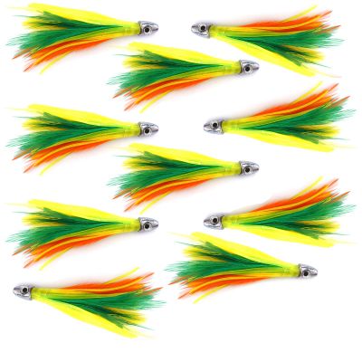 10pcs Zucchini Fish WOW! 4" mini Feather 1/2oz Bullet Chrome Head Trolling Feather unrigged Bait