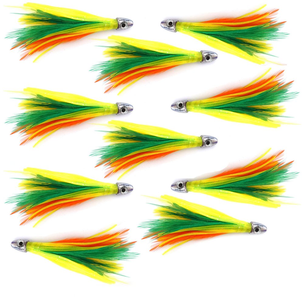 10pcs Zucchini Fish WOW! 4" mini Feather 1/2oz Bullet Chrome Head Trolling Feather unrigged Bait