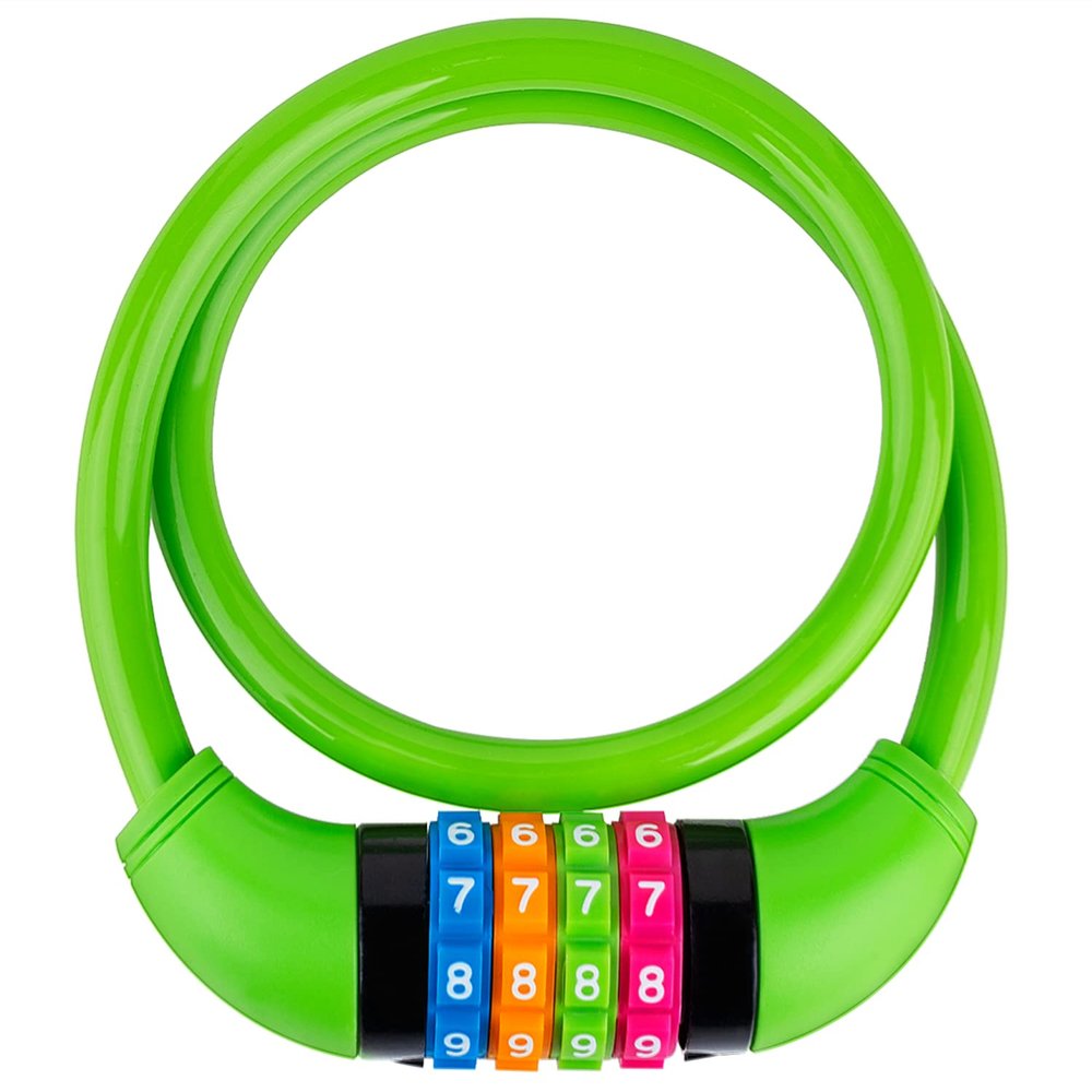 IDEALUX Bike Lock Cable, Bicycle Cable Lock with 4 Digit Combination & Alloy Lock Head, Resettable Kids Bike Cable Lock, 2 Ft x 0.45 IN, Lock for Bike, Scooter, Skateboard, Motorcycle, E Bike (Green)
