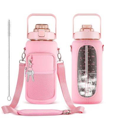64OZ Half Gallon Water Bottle with Sleeve, Inspirational Water Bottle with Straw & Time Marker to Drink, Leakproof Tritan BPA Free Sport Water Jug Reusable Neoprene for Daily Workout Gym Sport