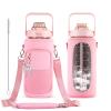 64OZ Half Gallon Water Bottle with Sleeve, Inspirational Water Bottle with Straw & Time Marker to Drink, Leakproof Tritan BPA Free Sport Water Jug Reusable Neoprene for Daily Workout Gym Sport view 1