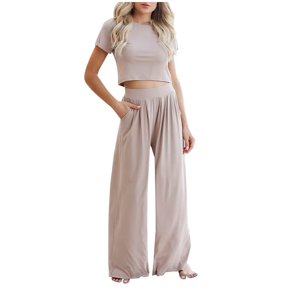 Women's Athletic Lounge Set Yoga Casual 2 Pieces Outfits Short Sleeve Crop Tops and Palazzo Pant Summer Jogging Suits Khaki