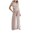 Women's Athletic Lounge Set Yoga Casual 2 Pieces Outfits Short Sleeve Crop Tops and Palazzo Pant Summer Jogging Suits Khaki view 1