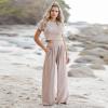 Women's Athletic Lounge Set Yoga Casual 2 Pieces Outfits Short Sleeve Crop Tops and Palazzo Pant Summer Jogging Suits Khaki view 2