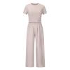 Women's Athletic Lounge Set Yoga Casual 2 Pieces Outfits Short Sleeve Crop Tops and Palazzo Pant Summer Jogging Suits Khaki view 3
