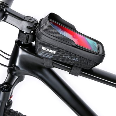 WILD MAN 1L Waterproof Bike Frame Bag Touch Screen Bike Front Tube Bag for Mountain Road Bike MTB Cycling(E12,Black)