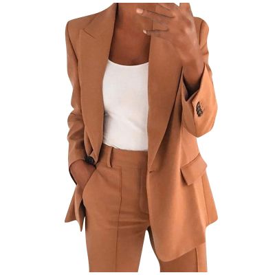 Jacket for Women Fashion Long Sleeve Button Lapel Slim Fit Cardigan Temperament Blazer Coat Office Wear Blouse Tops Brown