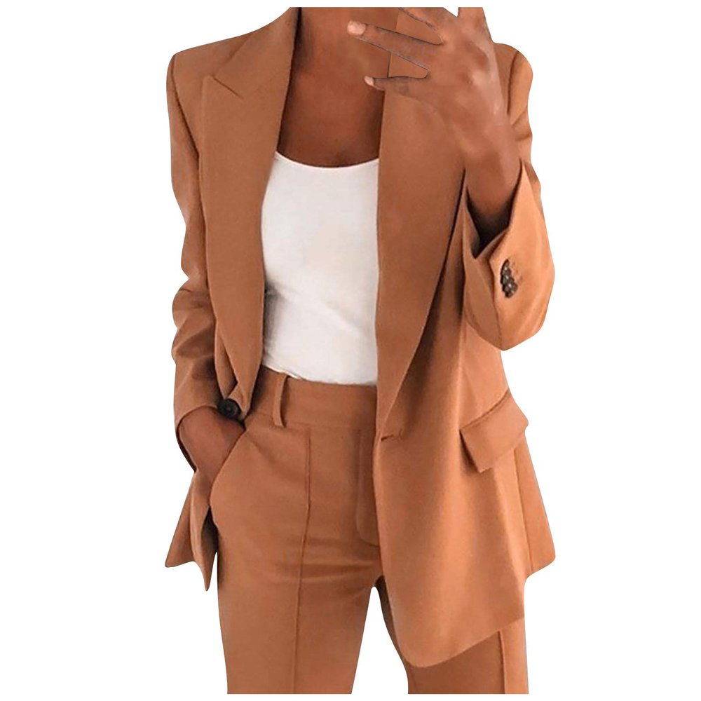 Jacket for Women Fashion Long Sleeve Button Lapel Slim Fit Cardigan Temperament Blazer Coat Office Wear Blouse Tops Brown