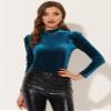 Allegra K Velvet Tops for Women's Puff Long Sleeve Mock Neck Vintage Christmas Shiny Metallic Blouse X-Large Peacock Blue view 2