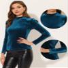 Allegra K Velvet Tops for Women's Puff Long Sleeve Mock Neck Vintage Christmas Shiny Metallic Blouse X-Large Peacock Blue view 4