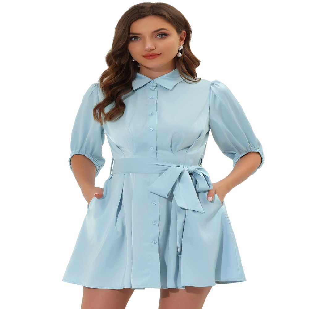 Allegra K Women's Elegant Satin Dresses Pleated Waist A-Line Belted Puff Sleeve Shirt Dress Medium Light Blue