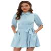 Allegra K Women's Elegant Satin Dresses Pleated Waist A-Line Belted Puff Sleeve Shirt Dress Medium Light Blue view 1