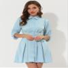 Allegra K Women's Elegant Satin Dresses Pleated Waist A-Line Belted Puff Sleeve Shirt Dress Medium Light Blue view 2