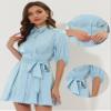 Allegra K Women's Elegant Satin Dresses Pleated Waist A-Line Belted Puff Sleeve Shirt Dress Medium Light Blue view 3