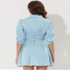 Allegra K Women's Elegant Satin Dresses Pleated Waist A-Line Belted Puff Sleeve Shirt Dress Medium Light Blue view 4