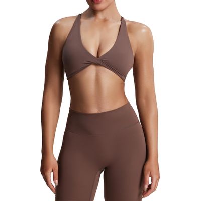 Aoxjox Women's Workout Sports Bras Fitness Metamorph Sienna Twist Bra Yoga Crop Tank (Fudge Coffee, X-Small)