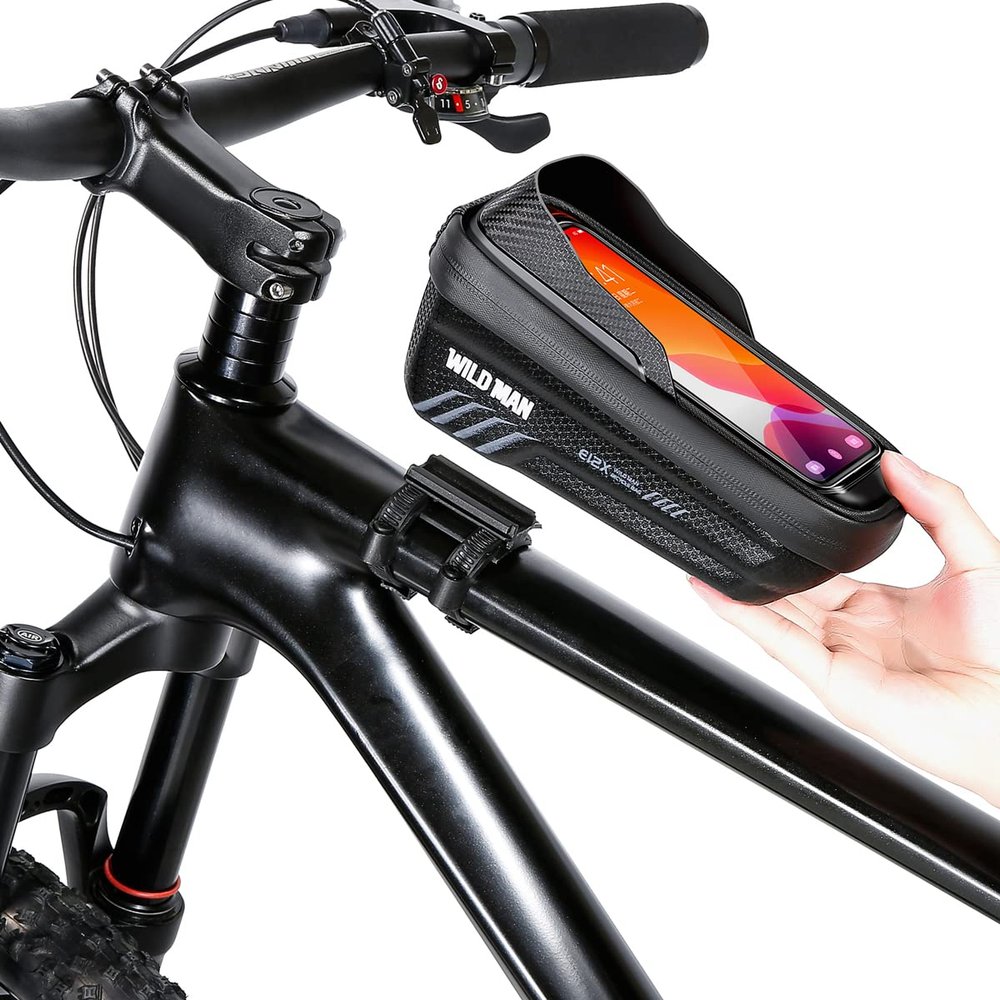 WILD MAN Quick Release Bike Frame Bag with TPU Touch Screen Top Tube Bike Phone Front Frame Bag for Mountain Road Bike MTB Cycling(E12X,Black)