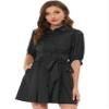Allegra K Women's Elegant Satin Dresses Pleated Waist A-Line Belted Puff Sleeve Shirt Dress Medium Black view 1