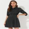 Allegra K Women's Elegant Satin Dresses Pleated Waist A-Line Belted Puff Sleeve Shirt Dress Medium Black view 2