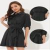 Allegra K Women's Elegant Satin Dresses Pleated Waist A-Line Belted Puff Sleeve Shirt Dress Medium Black view 3