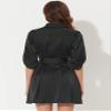 Allegra K Women's Elegant Satin Dresses Pleated Waist A-Line Belted Puff Sleeve Shirt Dress Medium Black view 4